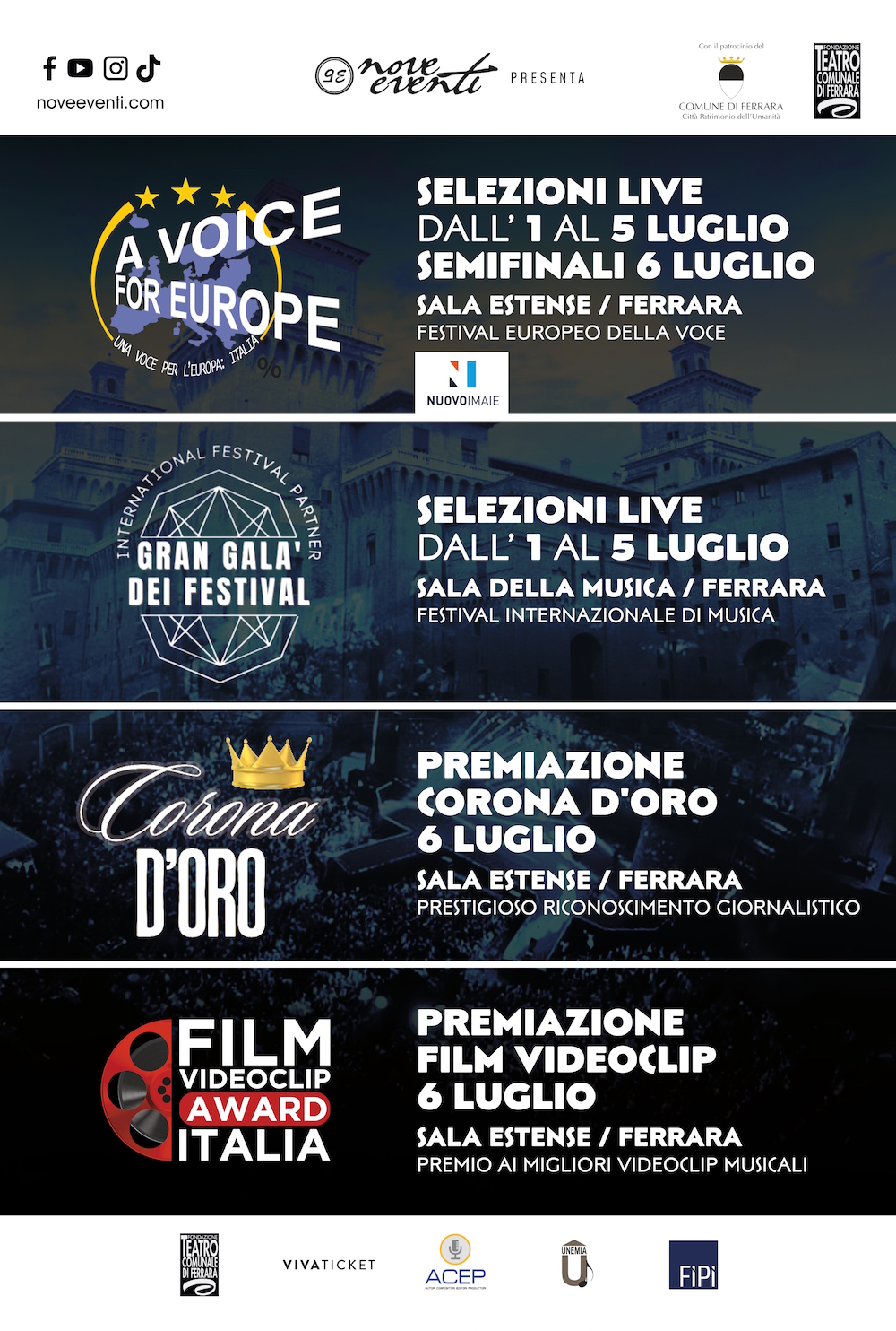 A Voice for Europe e Gran Galà dei Festival dall’1 al 5 luglio a Ferrara. Il 6 luglio consegnati i Premi “Corona D’Oro” e “Film Videoclip Award Italia”