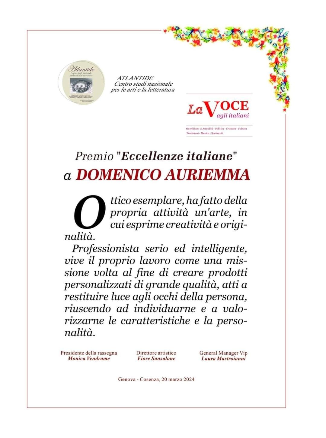 Domenico Auriemma premiato come “Eccellenza italiana”.