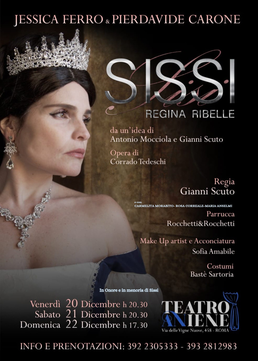 Arriva “Sissi, Regina ribelle”, lo spettacolo dedicato alla leggendaria Imperatrice anticonformista e amante degli animali.  Con Jessica Ferro e Pierdavide Carone dal 20 dicembre 2024 al Teatro Aniene